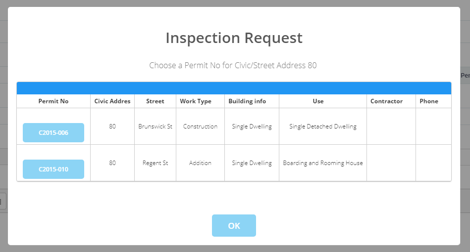 Inspection Request Popup Form