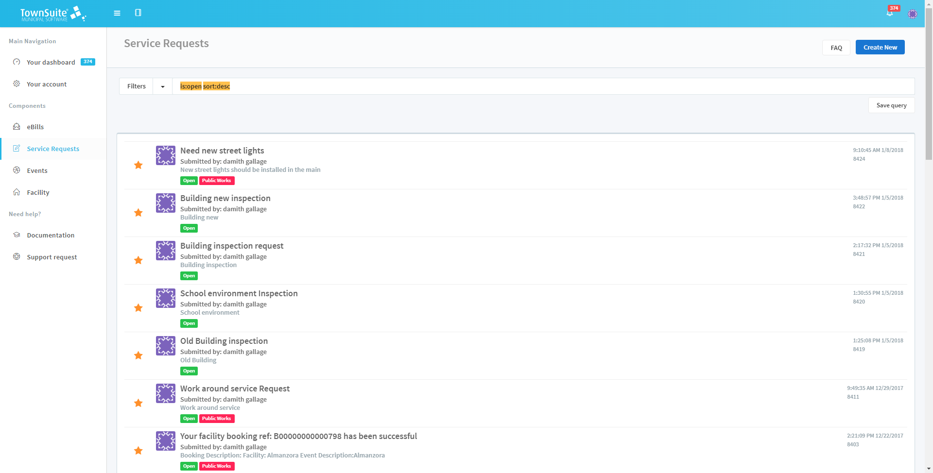 Main Service Request Page