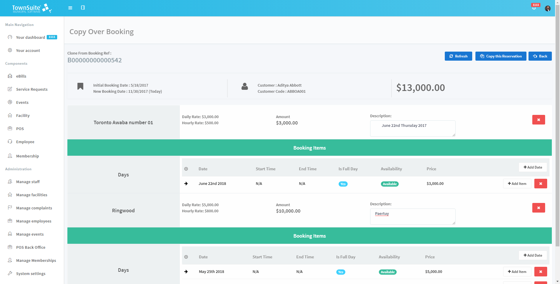 Copy Over Booking Page